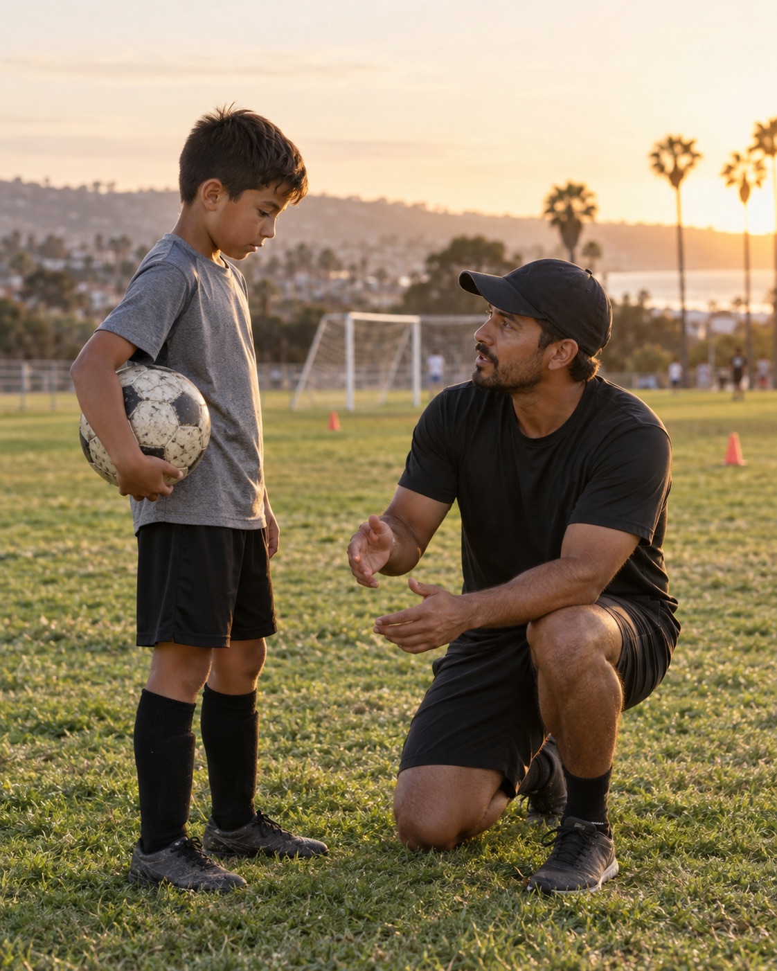 A coach giving focused one-on-one guidance to a young soccer player